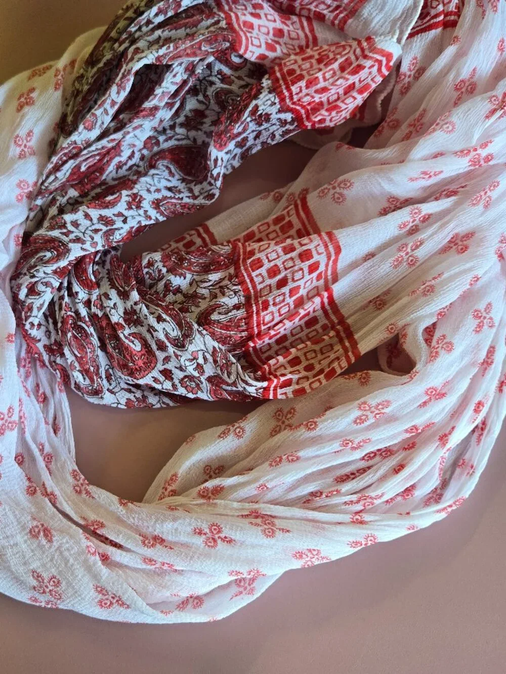 Red White Floral Boho Scarf Sheer Flowy Wrap Shawl Romantic Causual Evening